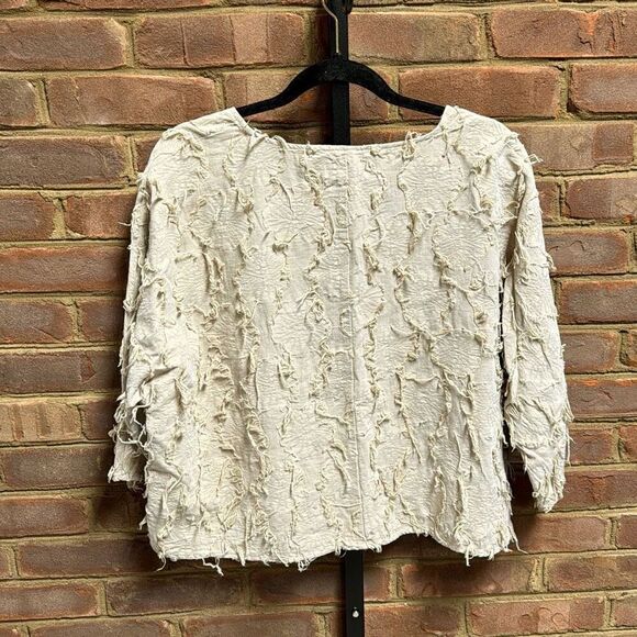 Peck & Peck Women’s Linen Blend Tan Fringe Quarter Sleeve Top Size Medium - Picture 4 of 5